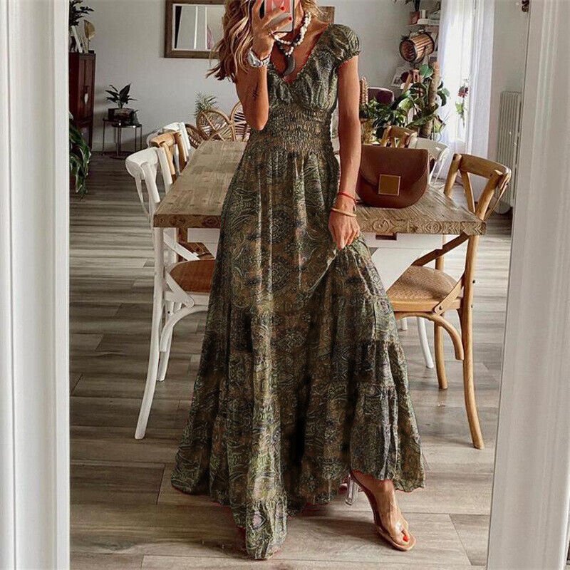 Kurzarm-Boho-Maxikleid mit V-Ausschnitt für Damen