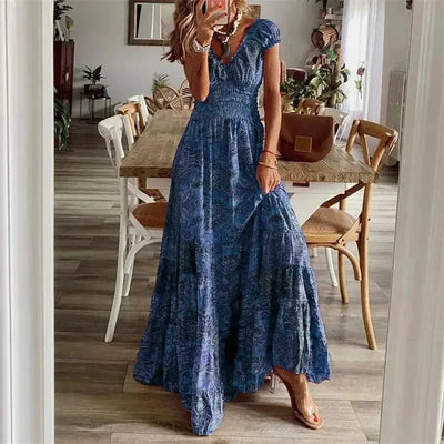 Kurzarm-Boho-Maxikleid mit V-Ausschnitt für Damen