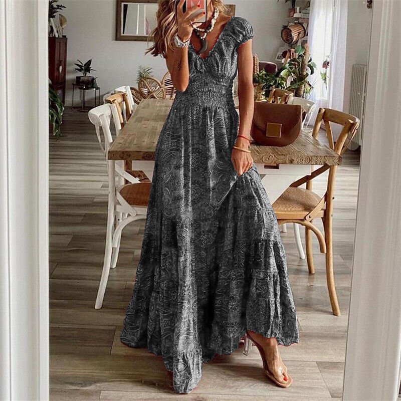 Kurzarm-Boho-Maxikleid mit V-Ausschnitt für Damen