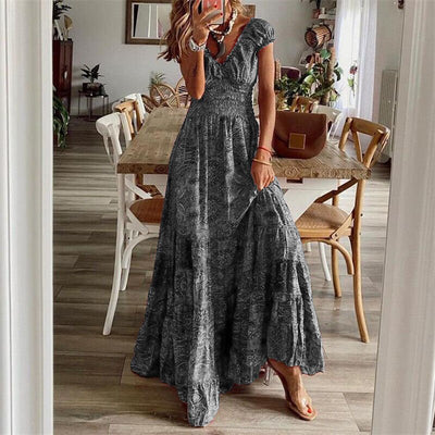 Kurzarm-Boho-Maxikleid mit V-Ausschnitt für Damen