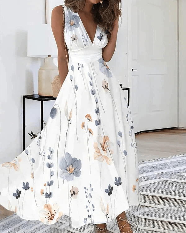 Ärmelloses V-Ausschnitt-Kleid mit Blumenprint für Damen