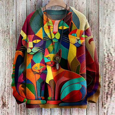 Strickpullover mit Katzenmuster für Frauen