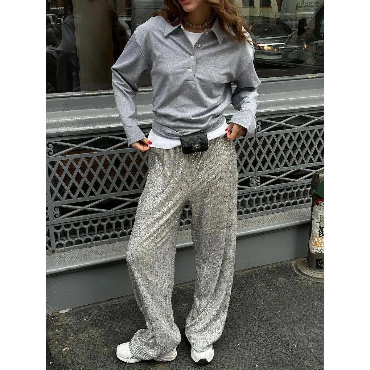 Paillettenhose für Damen – Hohe Taille, lockerer Schnitt