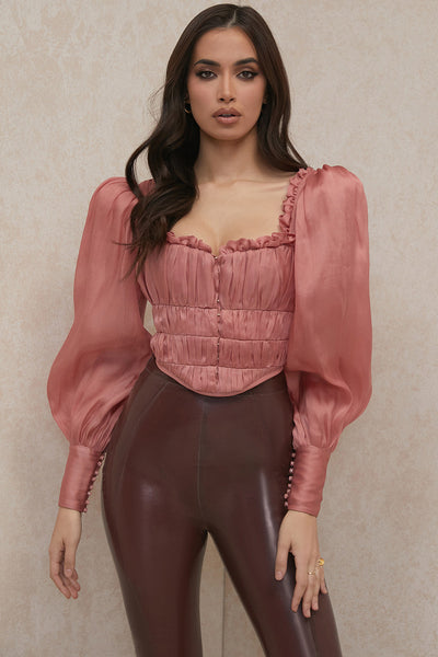 Rougefarbenes Organza Korsett mit dramatischen Rüschen für Frauen