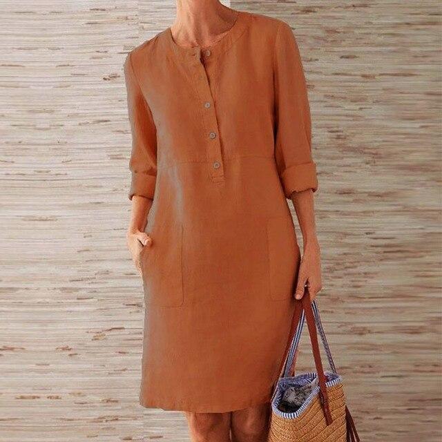 Geknöpftes Leinen-Sommer Midikleid für Damen