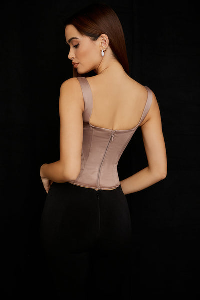 Langes Korsett aus steingrauem Satin mit eleganter Länge für Frauen