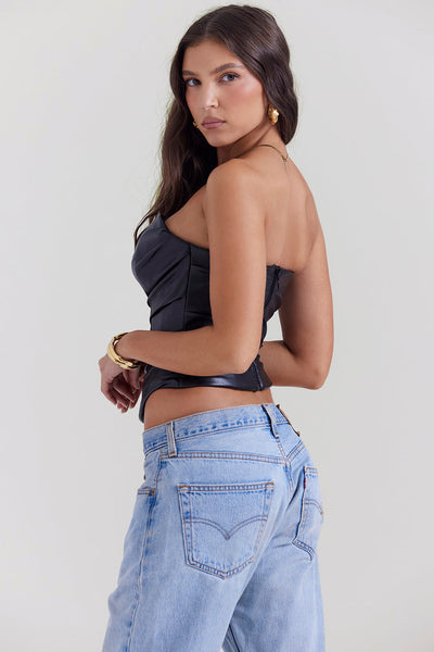 Tief geschnittenes Korsett aus veganem Leder mit verlängerter Silhouette für Frauen