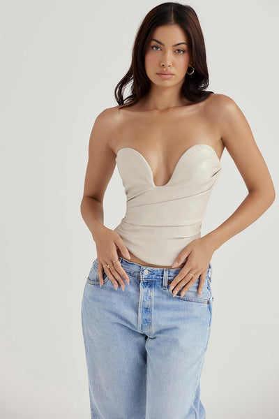 Tief geschnittenes Korsett aus veganem Leder mit verlängerter Silhouette für Frauen