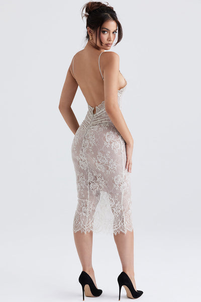 Midikleid aus sandfarbener Spitze mit zarter Eleganz für Frauen