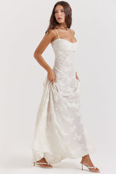 Vintage Creme Maxikleid mit Spitzenrücken und zeitloser Eleganz für Frauen