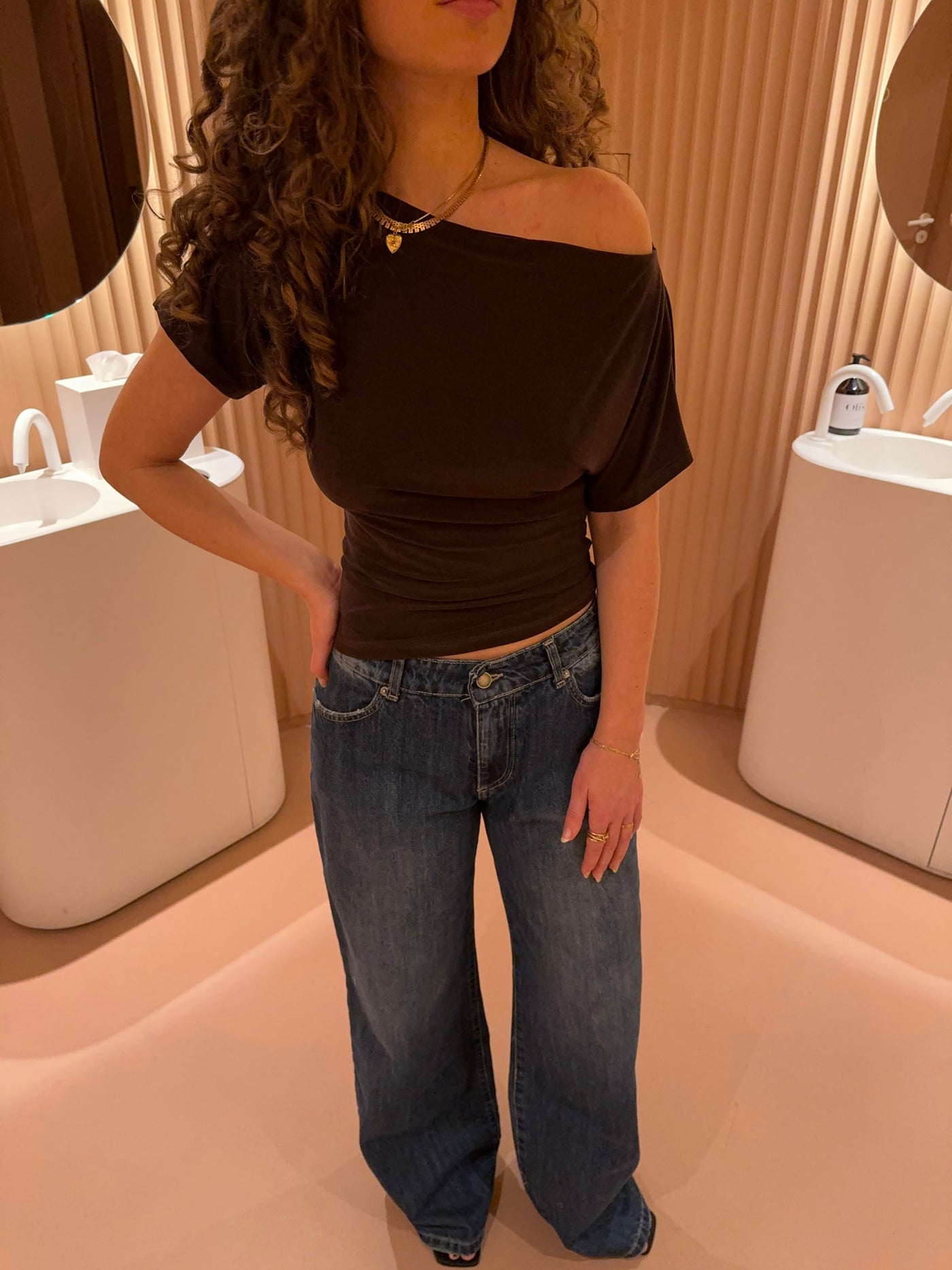 Damen Off-Shoulder Top Stretch Mesh Langarm