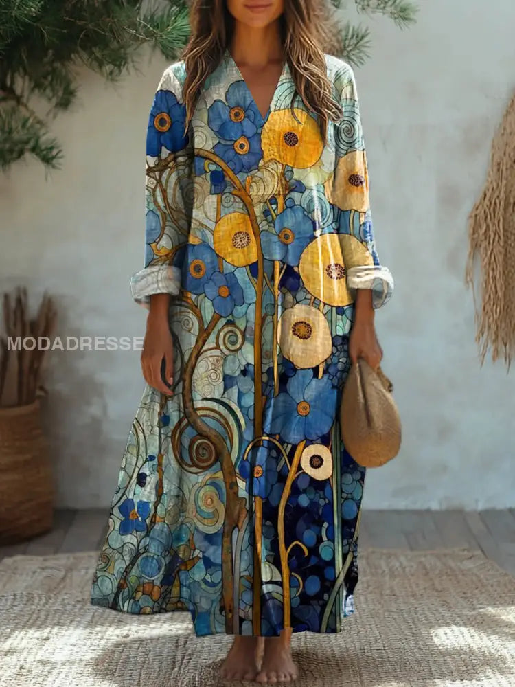 Elegantes Vintage Midi-Kleid mit Blumenmuster und V-Ausschnitt – Lässige Langarm-Design
