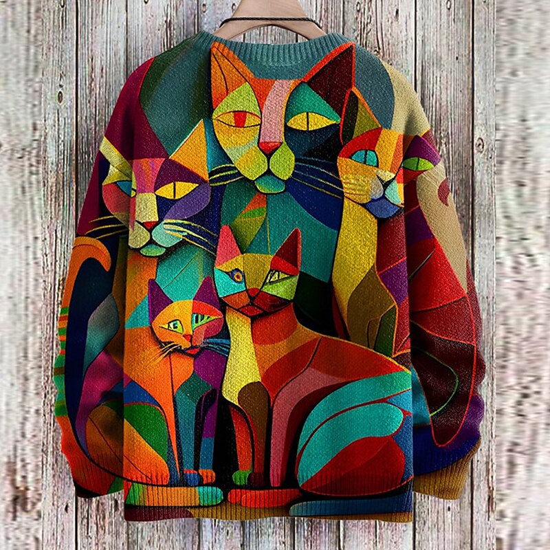 Strickpullover mit Katzenmuster für Frauen