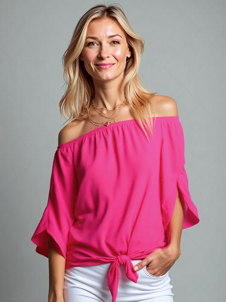 Schulterfreie Rüschenbluse mit geknotetem Ärmelsaum für Frauen