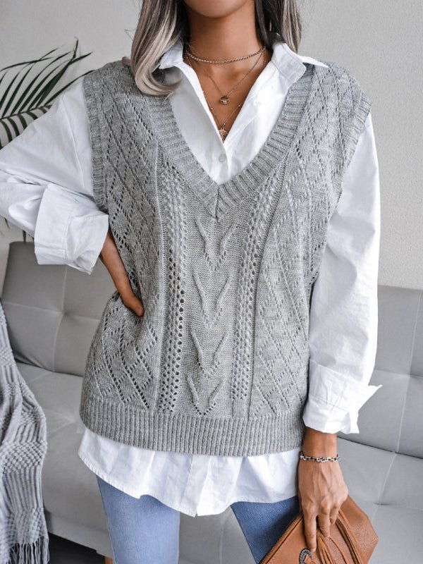 Vega® | Damen Strickpullover mit ausgehöhltem Frittiertem Teig und V-Ausschnitt