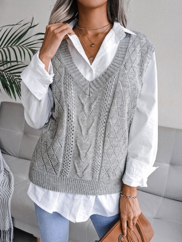Vega® | Damen Strickpullover mit ausgehöhltem Frittiertem Teig und V-Ausschnitt