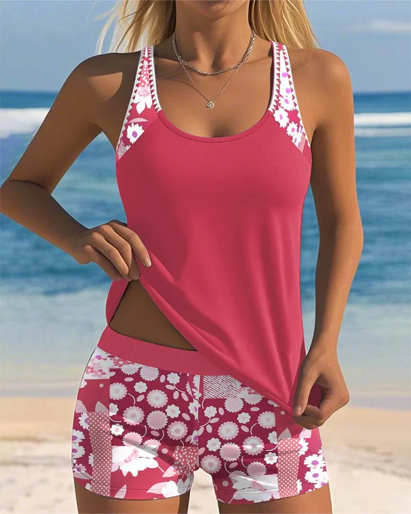 Zweiteiliges Damen Tankini Set mit Blumenmuster und Shorts