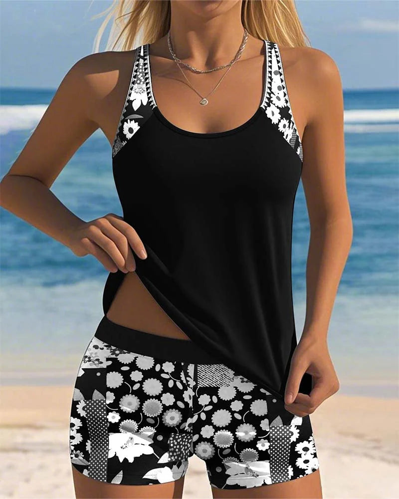 Zweiteiliges Damen Tankini Set mit Blumenmuster und Shorts